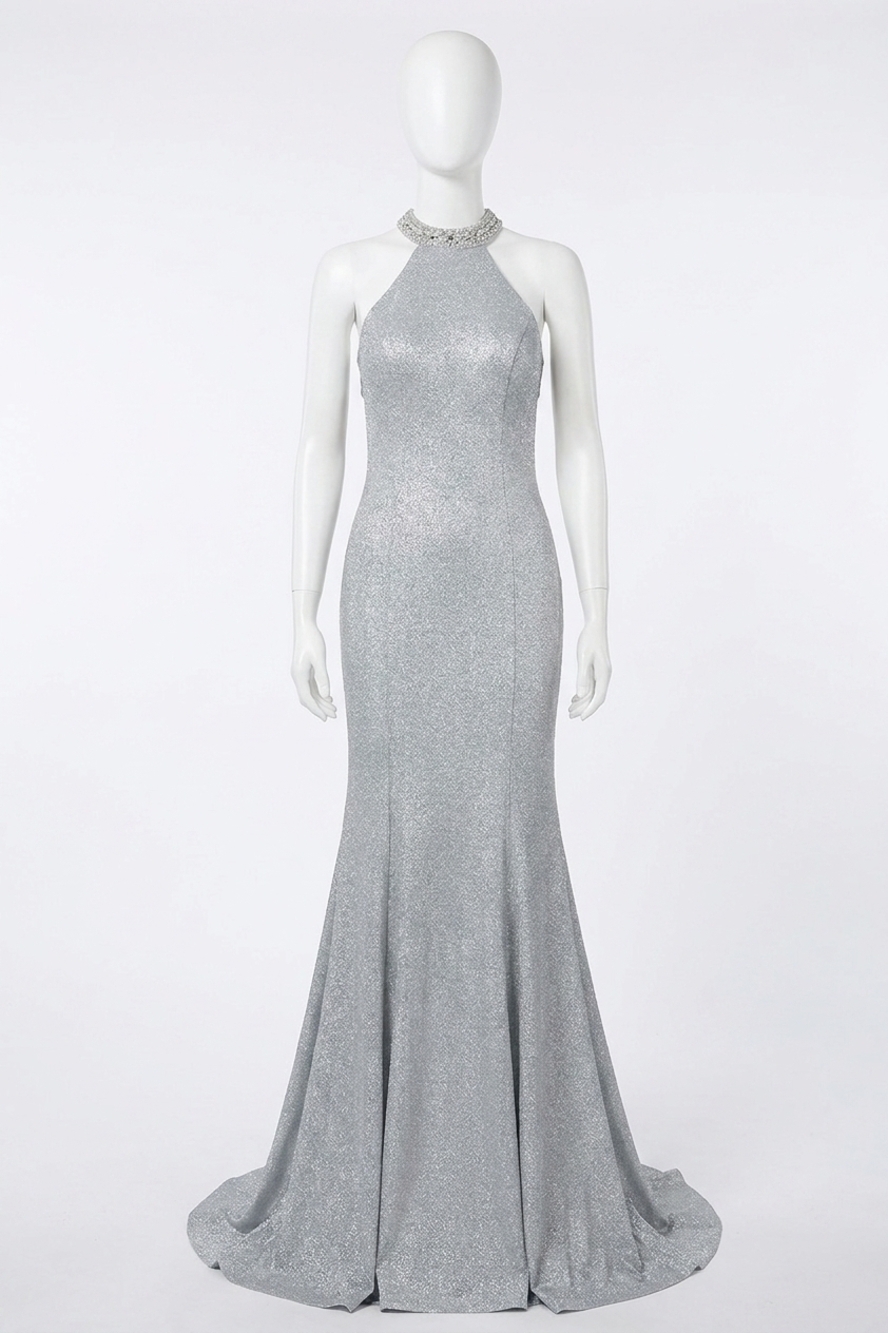 NEW ANGELA & ALISON sequin halter prom dress in silver